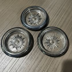 Vintage 1950s Crystal Silver Plated Starburst Coasters - Set Of 3