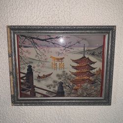Pre-1960’s Japanese Silk Tapestry Textile Embroidery Temple Landscape Framed Art