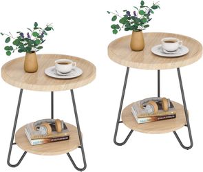 Tribesigns Set Off 2 Round Side Table, 2-Tier End Table with Metal Legs, Modern Industrial Beside Table, Small Accent Table Snack Table for Living 
