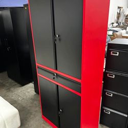 Metal Garage Storage Cabinet with Drawer,4 Door Tool Cabinet with Adjustable Shelves for Garage Home Office Utility Room (Red)