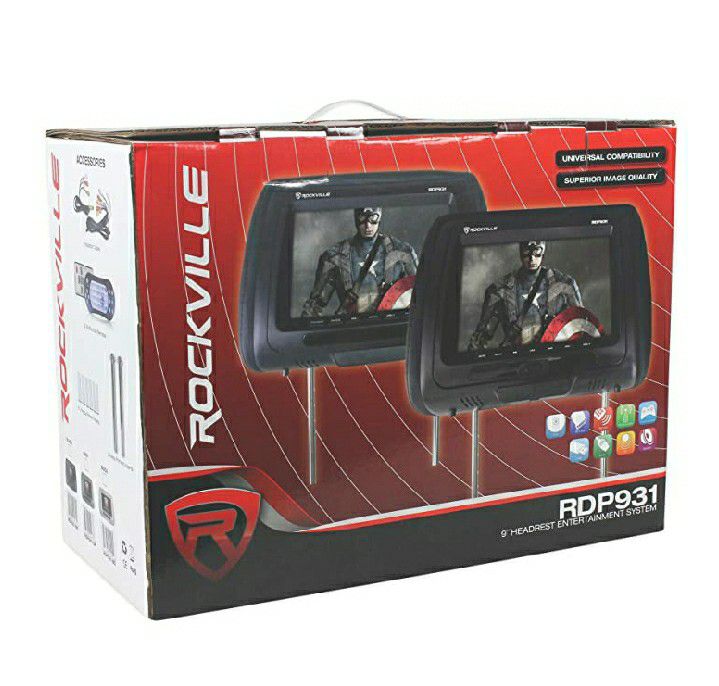 New Rockville RDP931-GR 9” Black Car DVD/USB/HDMI Headrest Monitors+Video Games
