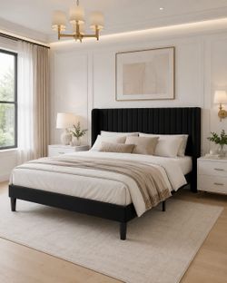 Queen bed Velvet Bed Frame with Vertical Channel Tufted Wingback Headboard, Upholstered Platform Bed with Wood Slats, No Box Spring Needed, Easy Assem