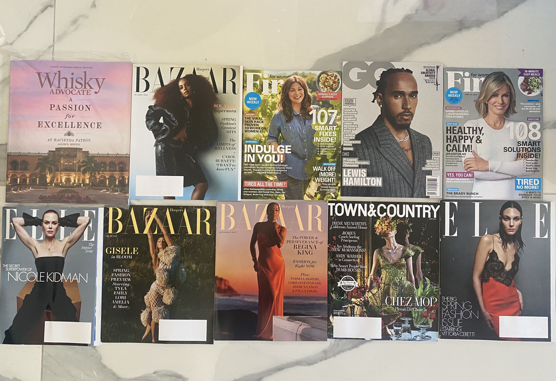 10 Magazines: ELLE, BAZAAR, GQ, First, Town & Country, Whisky Advocate. NEW. Recent issues. $5 for ALL.