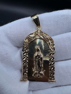 14K Virgin Mary Pendant 2.20” 5.6mm Bail 11.63g