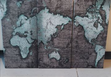 3-Piece World Map Canvas Wall Art Set - Gray & Turquoise