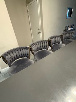 Set of 4 Gray Velvet Bar Stools with Gold Accents