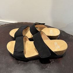 Dansko Black Two-Strap Slide Sandals with Tan Footbed size 36