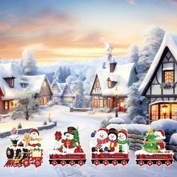 4 Pack Christmas Yard Signs with Plastic Stakes Xmas Train Snowman Christmas Tree Gift Lawn Signs for Yard Fence Garden Lawn Xmas Holiday Outside Deco