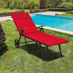 New Folding Patio Rattan Lounge Chair Cushioned Aluminum w/ Wheel and red cushion