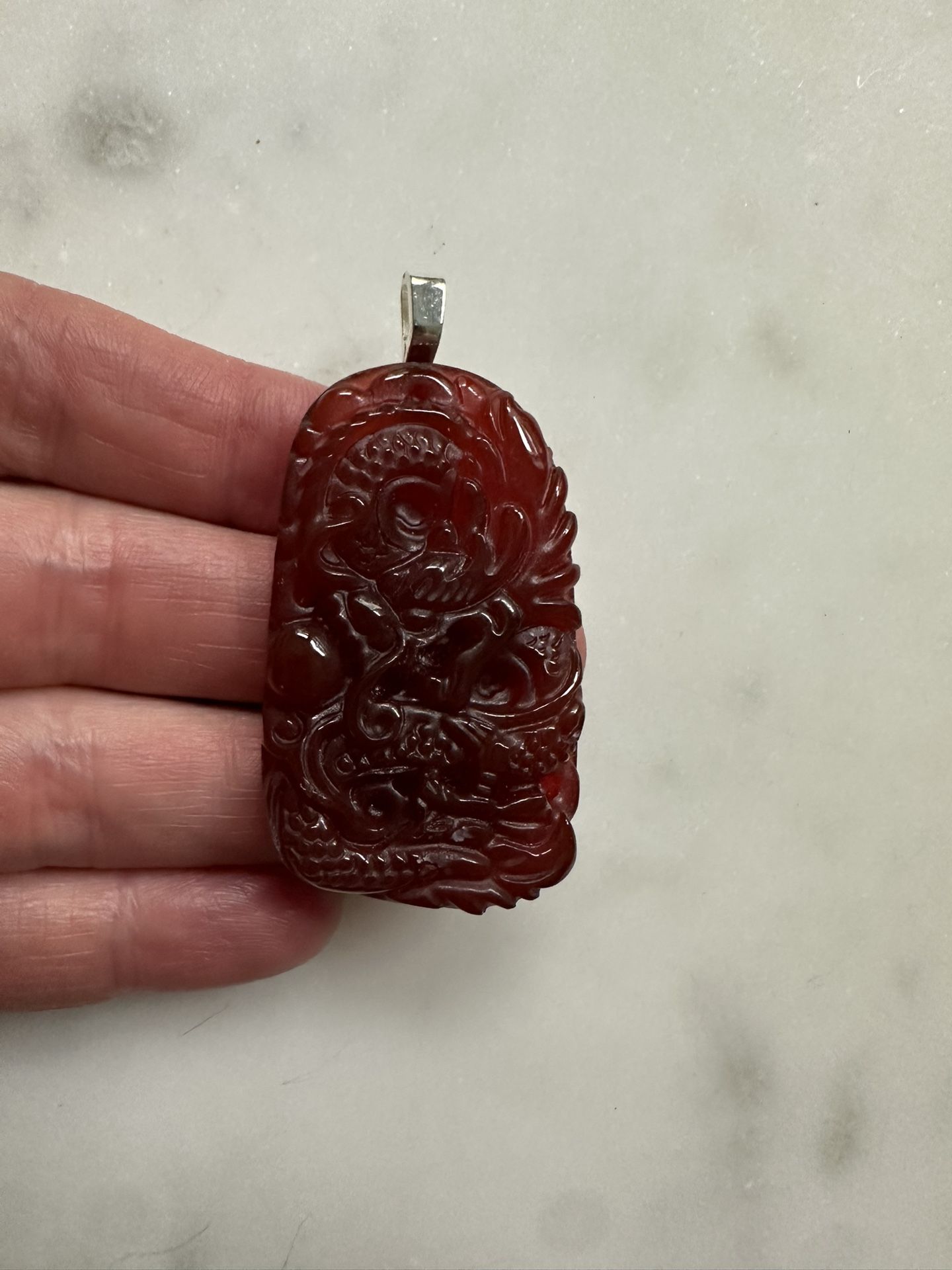 Carved carnelian, Chinese dragon, stone pendant