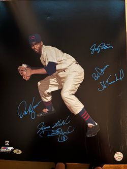 Ernie Banks Cooperstown Collection photo signed by 6 former Cubs stars, 16x20. Signed by..,
