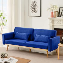 DKLGG Blue Futon Sofa Bed, Velvet Convertible Sofa Couch Sleeper with Wood Legs & 2 Pillows, Upholstered Loveseat for Small Spaces Living Room Bedroom