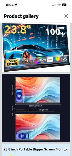 23.8" Large Portable Monitor 100Hz IPS FHD 1080P Freesync USB-C HDMI Gaming Monitor, External Display Dual Speakers Adjustable Stand for PC,Laptop,Mac
