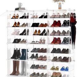 KUSARKO Shoe Rack Organizer, 8 Tier Shoes Storage Cabinet, 24 Pair Clear Plastic Shoe Expandable Organizer for Hallway Bedroom Entryway Heels Boots Sn