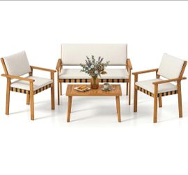 Acacia Wood 4 piece patio set loveseat chair table furniture