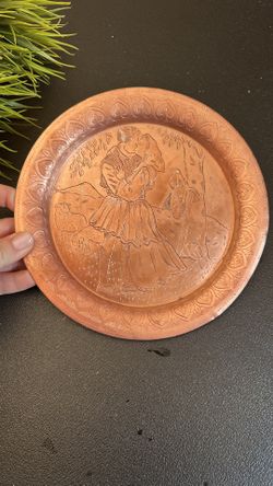 Vintage Copper-Tone Decorative Wall Plate - Rustic Folk Couple Design