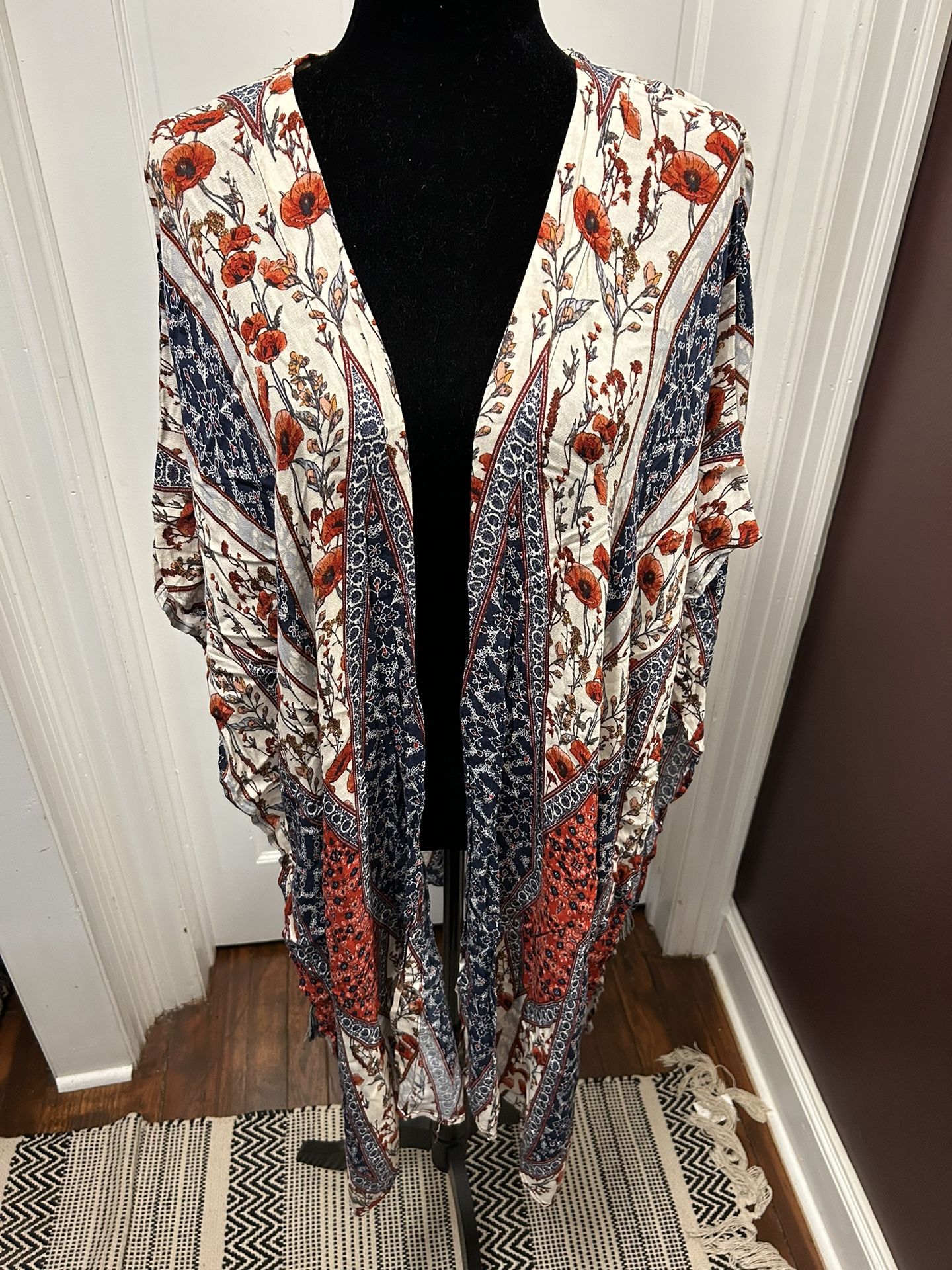 kimono cardigan xs/s red white blue casual print floral womens split wrap tie