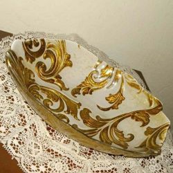 VINTAGE ARDA GLASSWARE GOLD LEAF PAINTED FILIGREE ACCENT TABLE DECORATIVE BOWL CENTERPIECE DECOR DISH