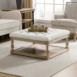 34” Beige Shelved Tufted Square Upholstered Cocktail Ottoman Coffee Table with Storage [NEW]  **Assembly Req
