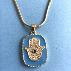 Ladies Necklace with Sparkling Crystal Hamsa, Turquoise Color On Snake Chain- Gold Plate *Ship Nationwide Or Pickup Boca Raton