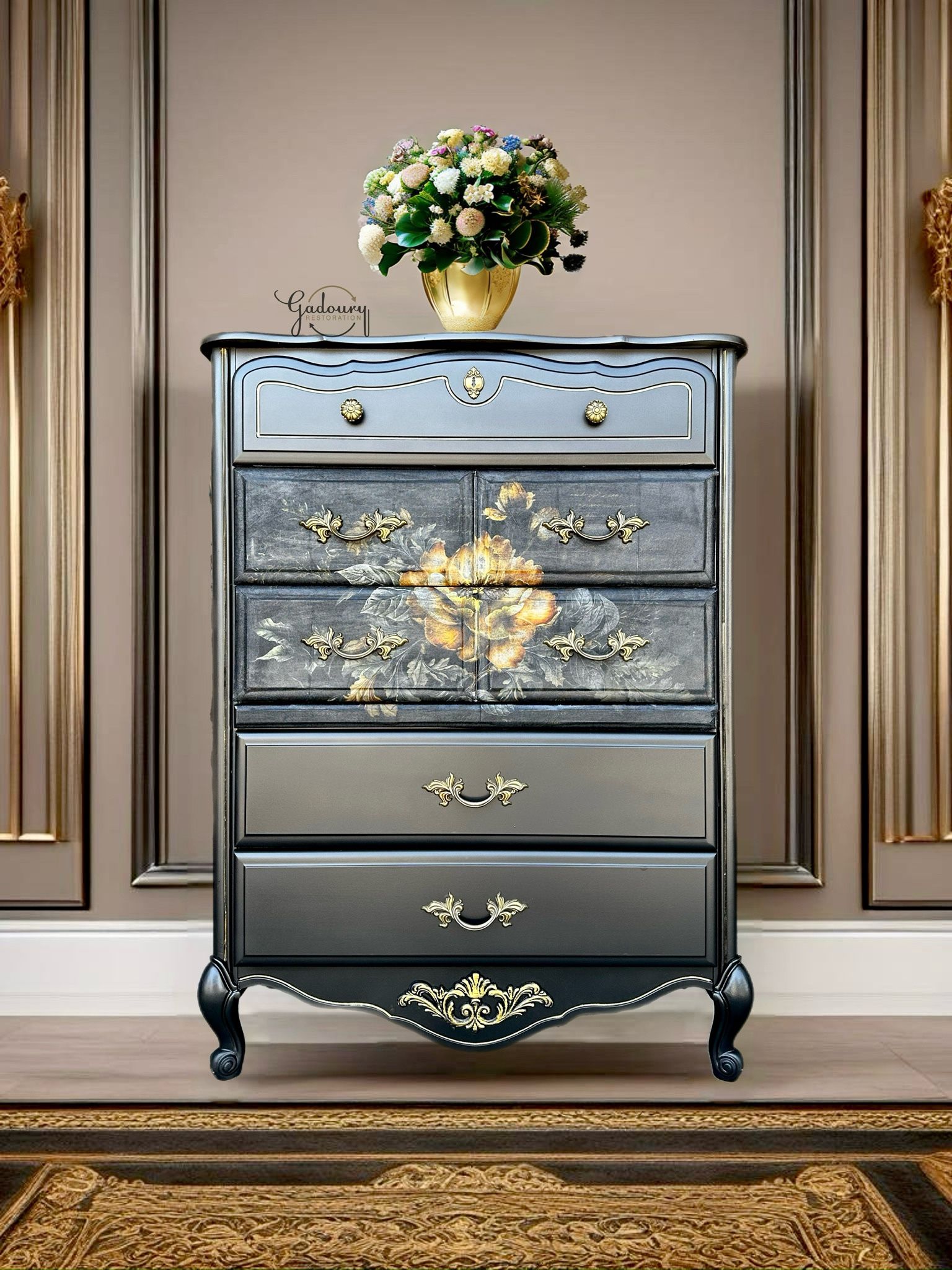 Black French Floral Tall Chest Of Drawers Glam Gold Dresser