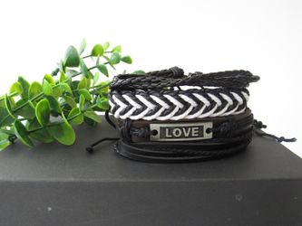 Adjustable Size up to 9.5inc Braided Multi-layer Leather Bracelet (Set of 4), Love