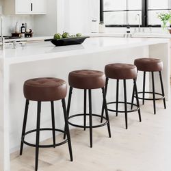 Saddle Stool with Round Faux Leather Cushion Dark Brown 