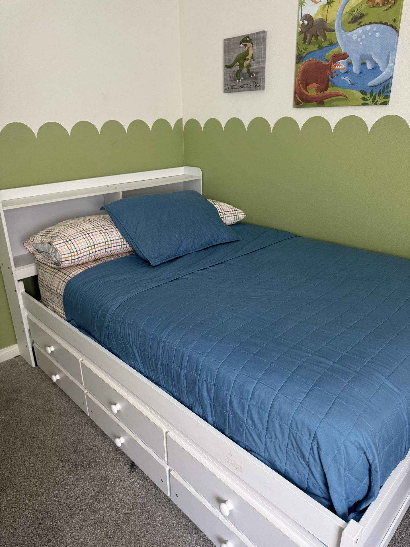 Full Size Platform Bed with Trundle & Storage Drawers & Storage Headboard for Girls & Boys,Solid Wood Capitan Bedframe for Bedroom,No Box Spring Neede