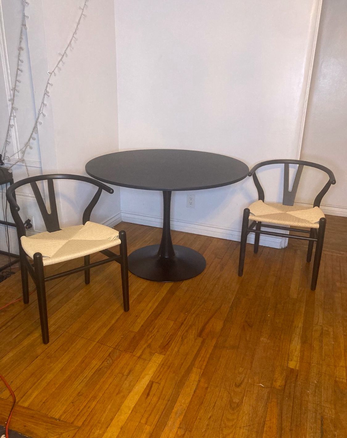 Modern Round Black Dining Table + 2 Wishbone Chairs
