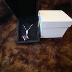 New, Firm, SS Diamond Shaped Mounting w 12x12mm Purple Amethyst w a CZ mounted in the SS Bail and an 18-in SS Chain