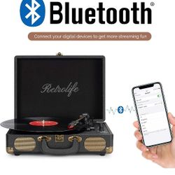 Vinyl Record Player 3-Speed Bluetooth Suitcase Portable Belt-Driven Record Player with Built-in Speakers RCA Line Out AUX in Headphone Jack Vintage Tu
