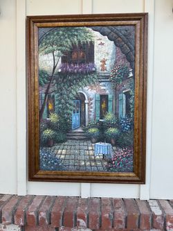 Large Framed Oil Painting European Courtyard Scene