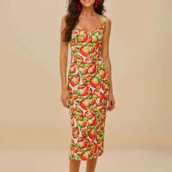 FARM Rio Off-White Apple Print Midi Dress 