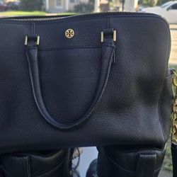 Tory Burch Georgia Pebbled Double Zip Satchel Bag Tote Handbag Purse.