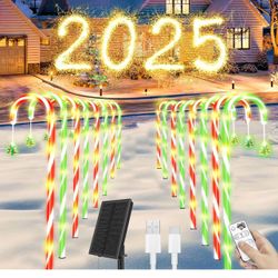 Brandnew 35'' Solar Candy Cane Lights,10 Pack Solar & USB-C Rechargeable Candy Cane Lights Outdoor Pathway Christmas Decorations,100 LED 8 Mode Christ