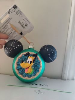 Disney Parks Walt Disney Pluto Icon Mickey Ears Glass Christmas Ornament New