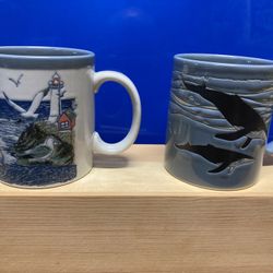 Pair Of Gray Ceramic Nautical Lighthouse Whales Mugs Coffee Tea Cups Imported 10oz (Lakewood Ranch)