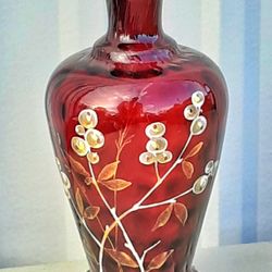 Victorian Dk Ruby Red Inverted Coin Dot Art Glass Flower Vase w Folk art Flowers