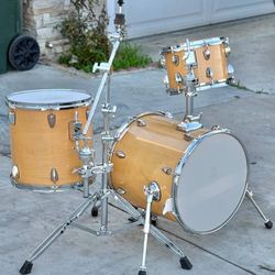 Compact Portable Small Mini 3pc Drum Set Maple Shells. 10" tom. 13" suspended floor tom. 16" bass drum with riser