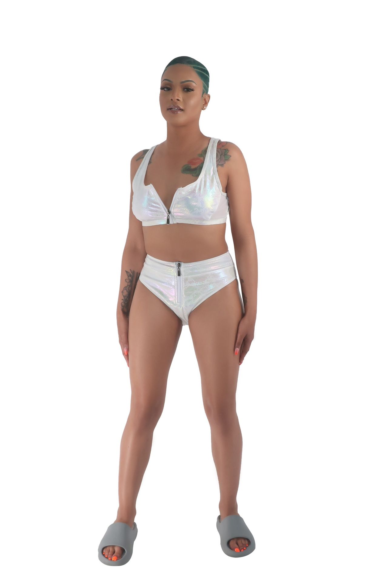 White Iridescent High Waist Two Piece Swimsuit Bikini