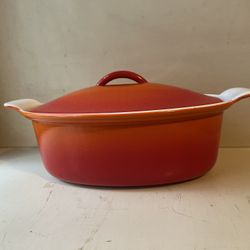 1960’s Vintage Descoware Oval Casserole Dish - 3-Quart Flame Orange Enamelware