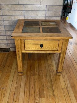 Wooden End Table with Slate Tile Top & Storage Drawer