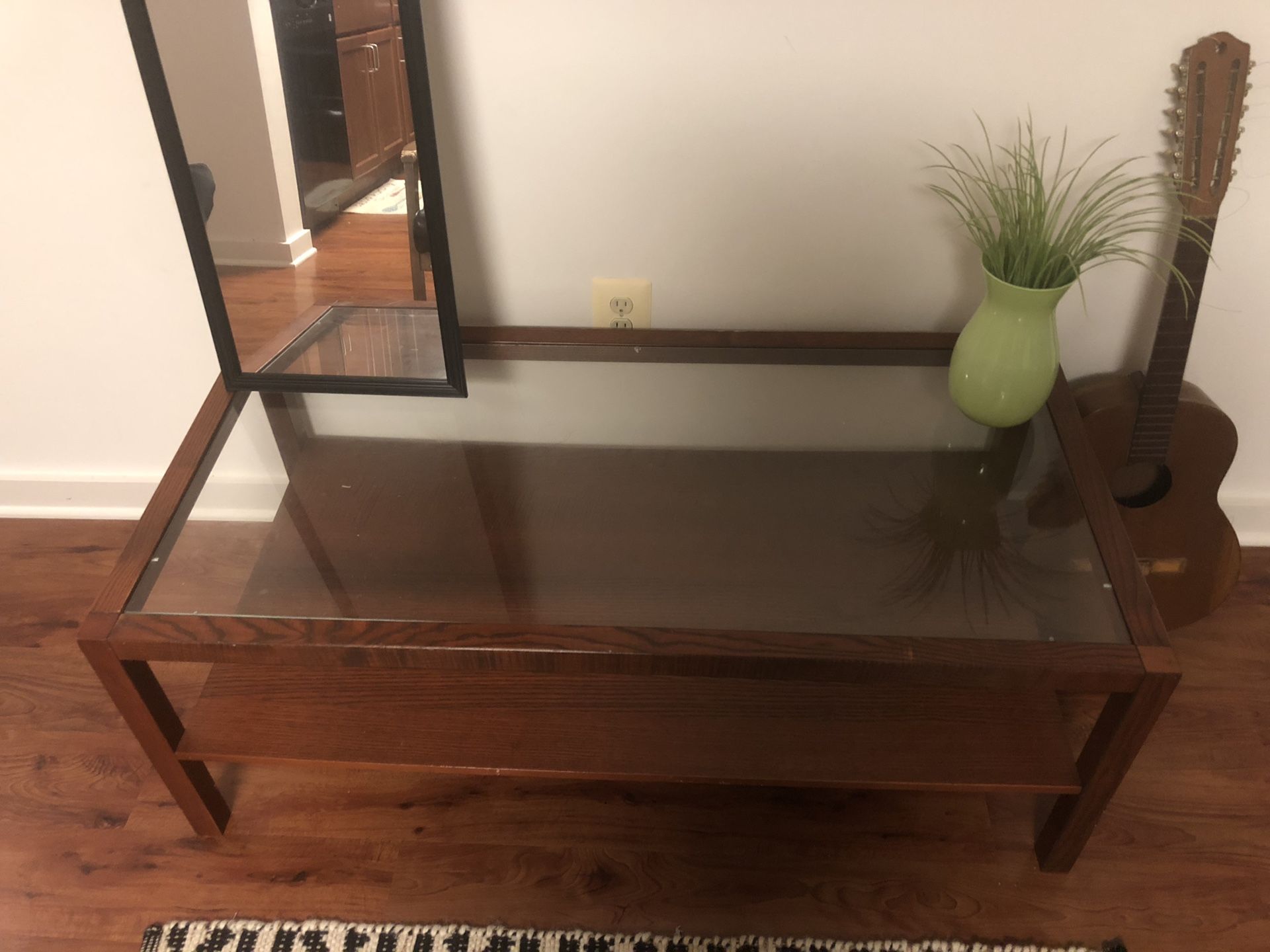 Wooden coffee table with glass top and extras!