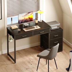Computer Desk with 5 Drawers, 53 Inch Office Desk with Printer Shelf, Reversible Gaming Desk for Home Bedroom, Writing Table Desk with Headphone Hook 