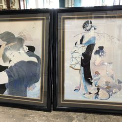 2 Large Heavy Black Framed Japanese Geisha Art Prints Circa 1980