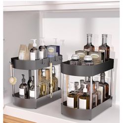 2 Pack Under sink organizers and storage for Kitchen, Bathroom, Cabinet, Enhanced structural design- Anti-corrosion- More space for storage- Black(und