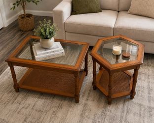 Side wood tables set glass top