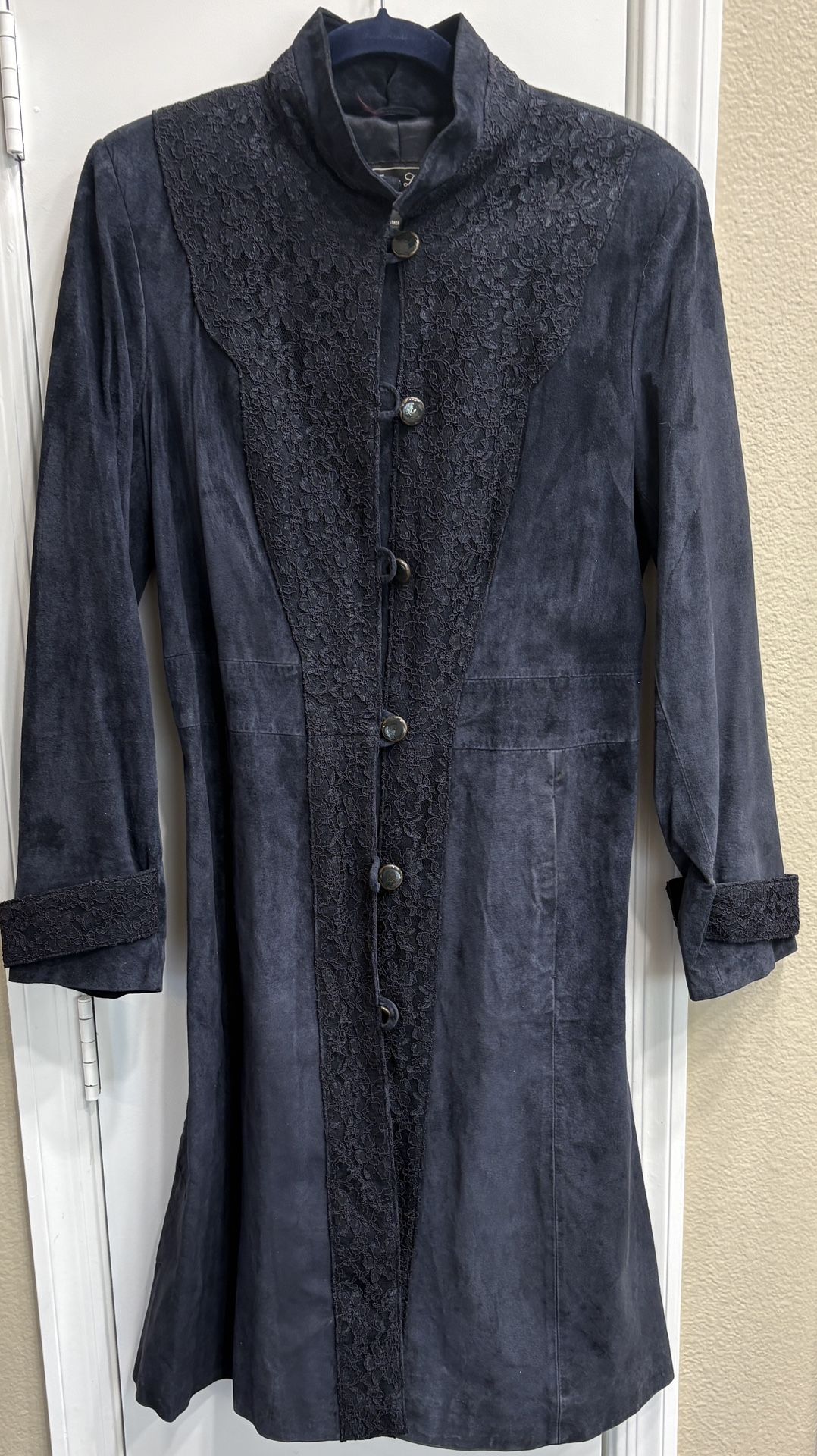 Terry Lewis Coat Navy Leather Suede Buttons Lace Trim Pockets Lined Size M