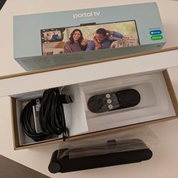 Portal TV from Meta/Facebook with original box, remote, and power adapter.