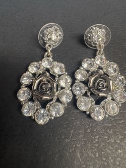 Silver-Tone Crystal Oval Flower Drop Earrings